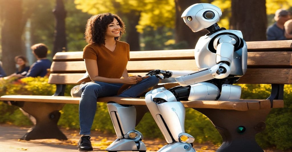 A woman smiling and having a conversation with a modern robot on a park bench, showcasing conversational AI examples.