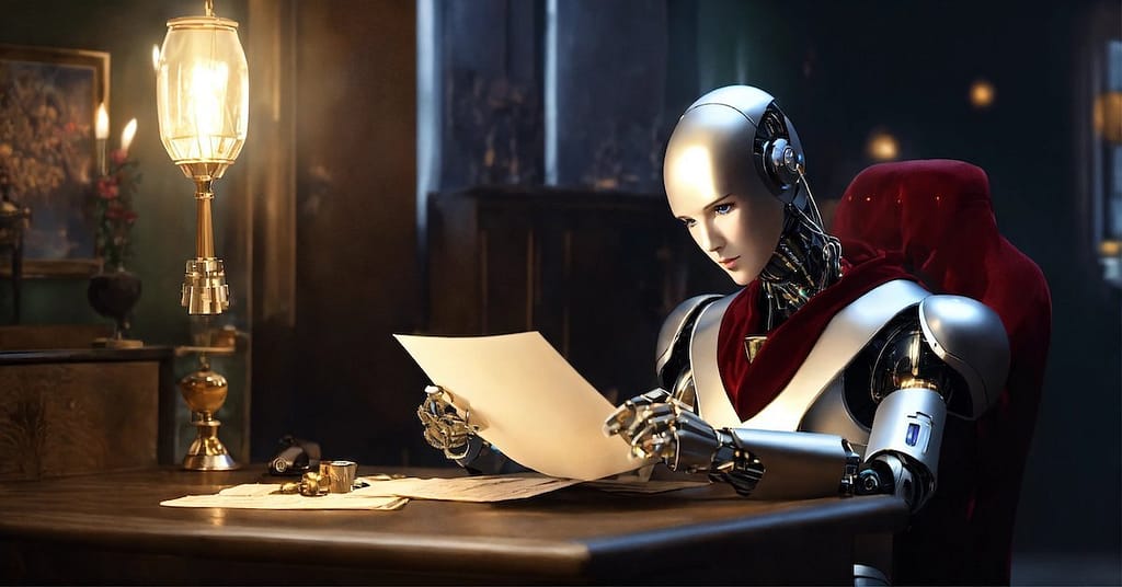 A humanoid robot with sleek silver features sits at a wooden desk, illuminated by an ornate gas lamp, engrossed in reading a piece of paper with Large Language Model