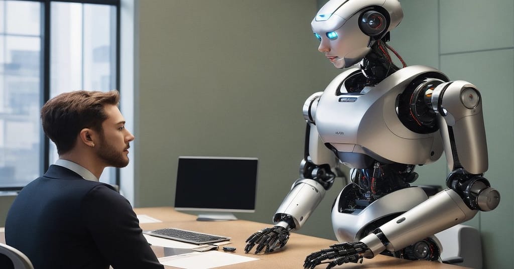 Man in a suit conversing with a futuristic humanoid robot in an office setting