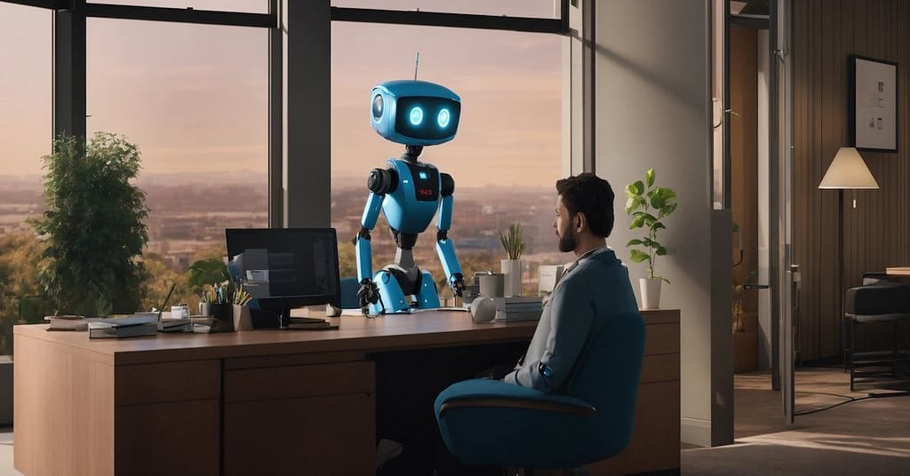 Blue robot talking to a man at a desk. Using chatbots for support