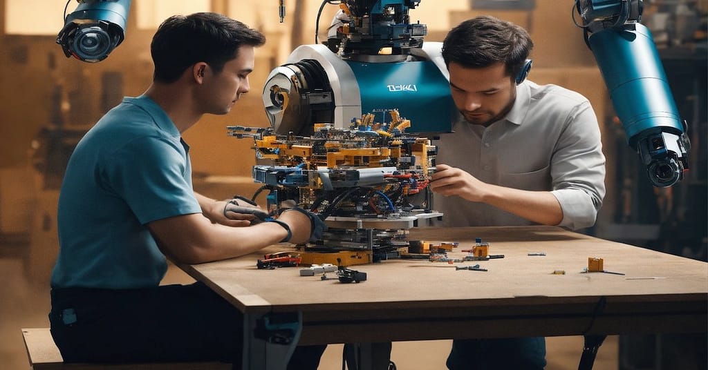 Two focused engineers assembling a complex robotic structure with multiple parts, indicating precision and detailed work in a high-tech environment.