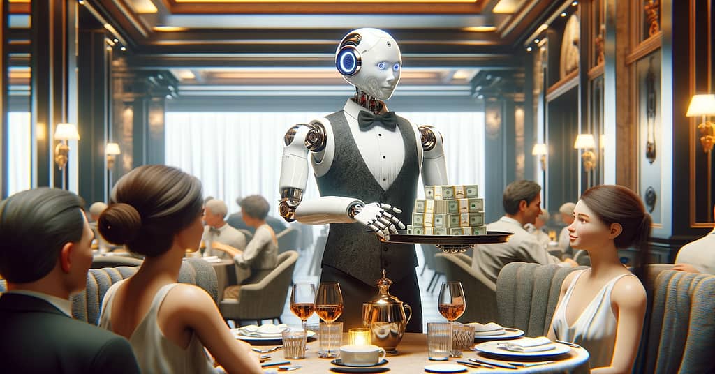 A humanoid robot waiter in a luxurious restaurant setting, serving a table of customers. The robot holds a tray with a stack of cash, offering it to the seated patrons