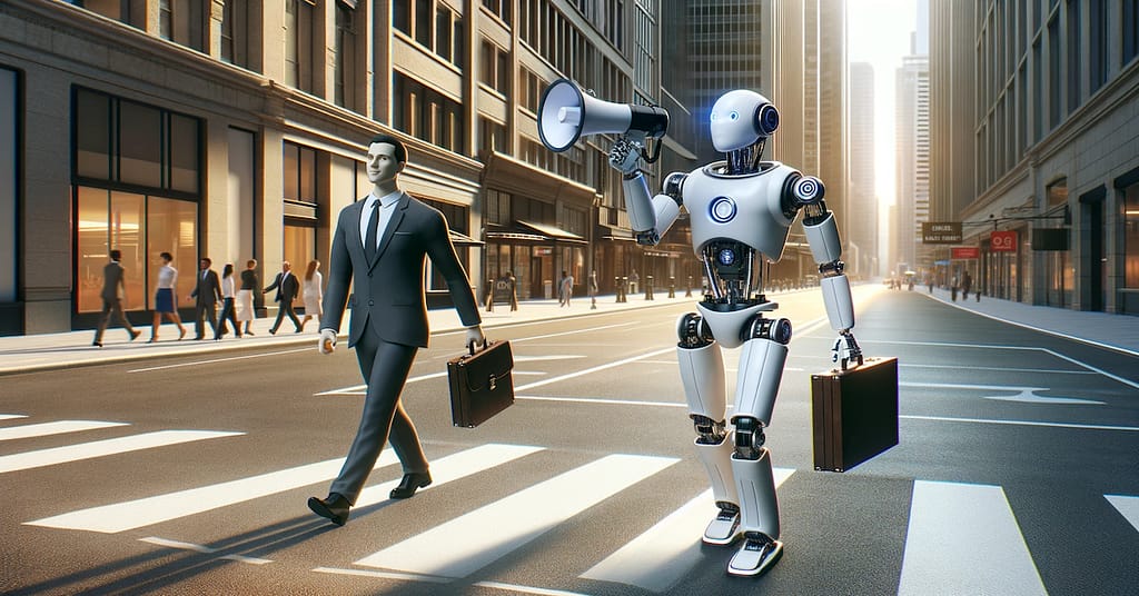 A sleek humanoid robot is leading the way on a bustling city street, speaking into a megaphone, followed by a businessman