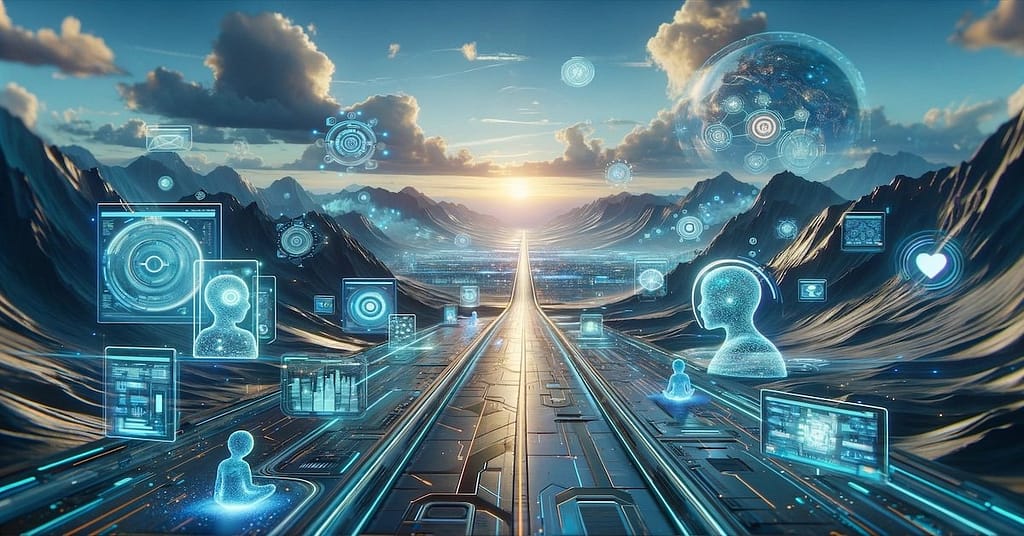 A visionary depiction of a roadway leading into a horizon flanked by mountains, representing the future of chatbot technology