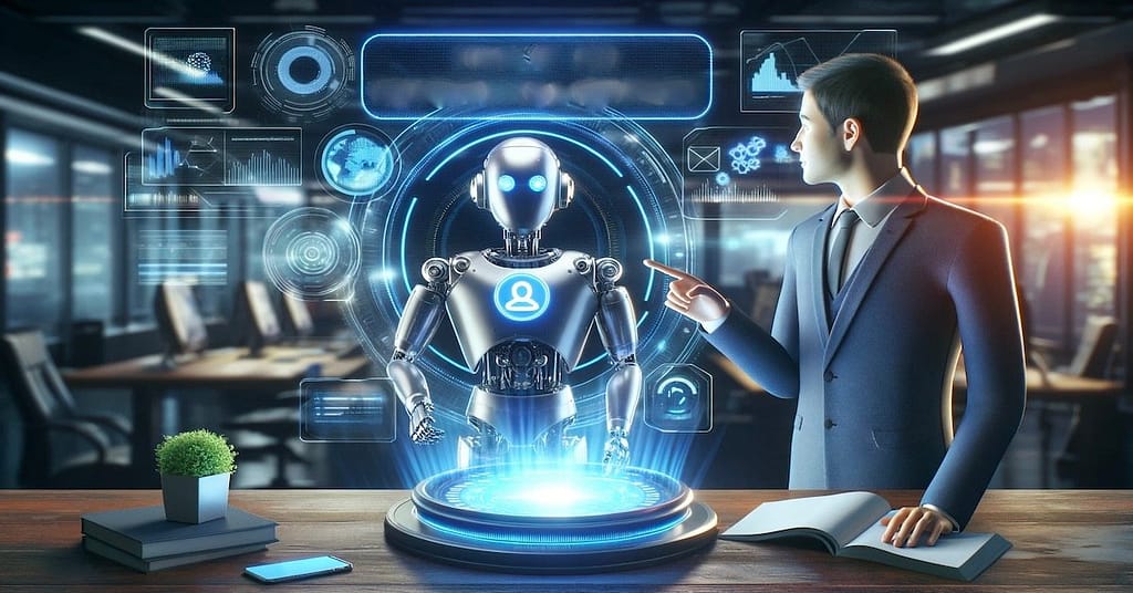 A businessman points to a humanoid robot that emits a holographic display, surrounded by futuristic digital graphs and icons, representing the use of chatbot for  marketing technology in an office setting.