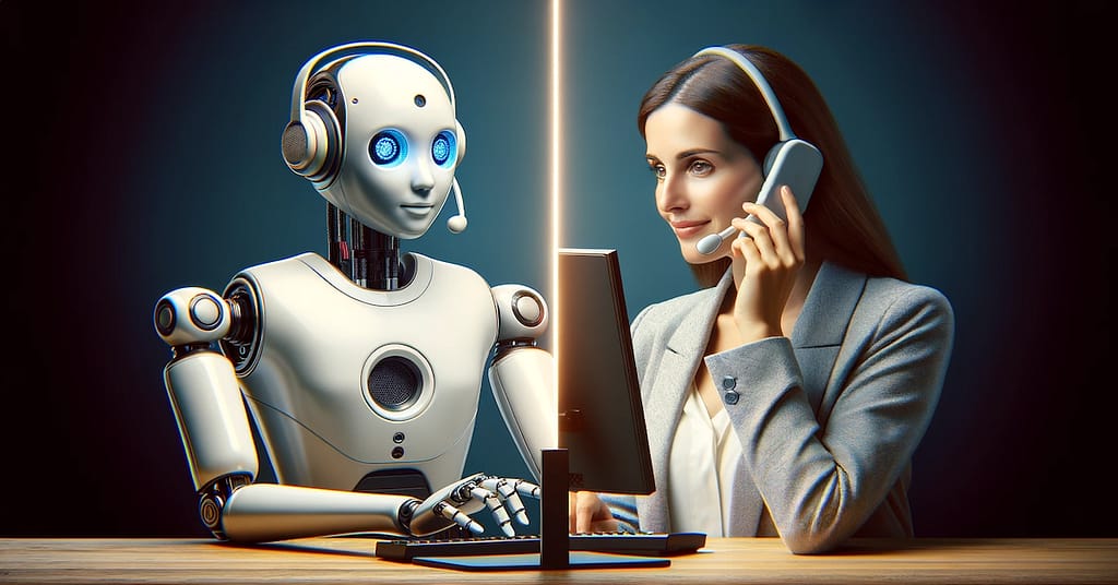 A split-screen image contrasting a humanoid robot chatbot for customer service on the left, with a human female customer on the right