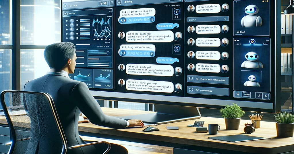 In a modern office, a professional monitors a large screen displaying multiple active chat windows, illustrating the power of chatbots for lead generation
