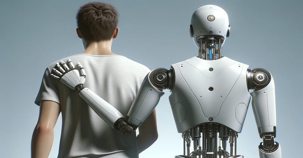 A rear view of a humanoid robot walking alongside a human male, its hand gently placed on the man's back in a guiding and supportive gesture.
