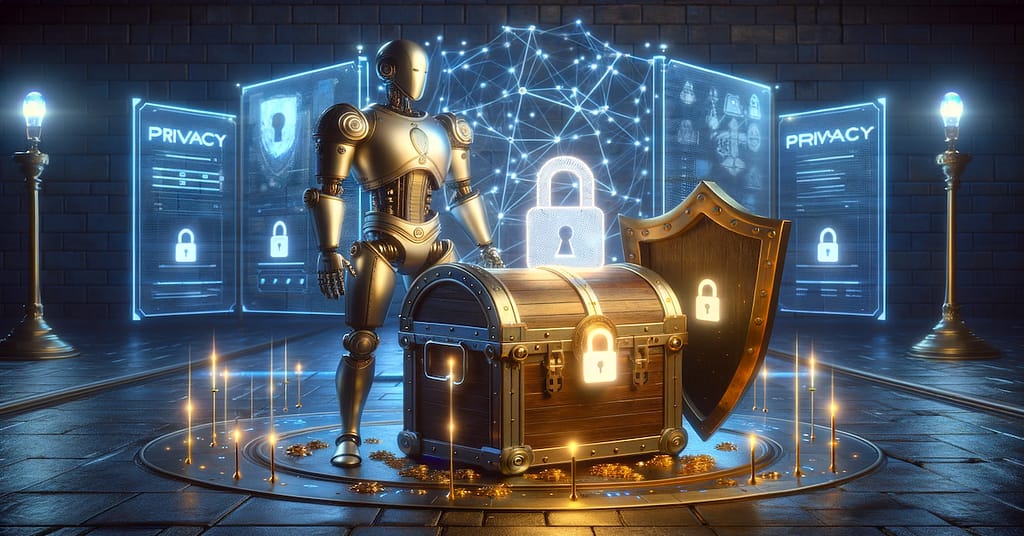 A hyper-realistic horizontal illustration for a blog post about responsible AI in chatbots, depicting a humanoid robot knight in metallic armor, standing vigilantly beside a treasure chest