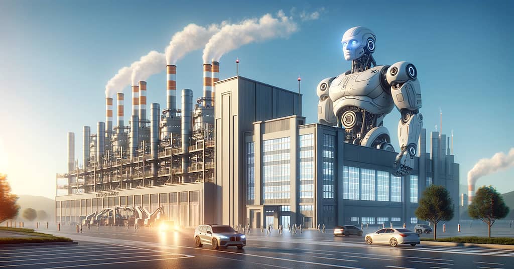 A hyper-realistic image showing a sprawling factory complex under the watchful presence of a towering humanoid robot