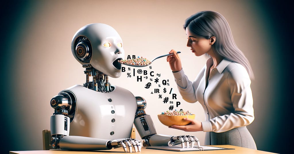 In a classroom setting, a humanoid robot sits at a desk with its mouth open, being fed by a teacher using a spoon filled with alphabet symbols like A, B, C, %, $, H, R