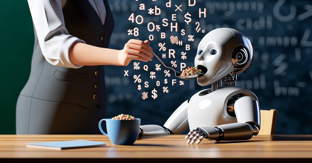 A humanoid robot sits attentively at a wooden desk, mouth open as it is being fed a spoonful of colorful alphanumeric characters by a teacher