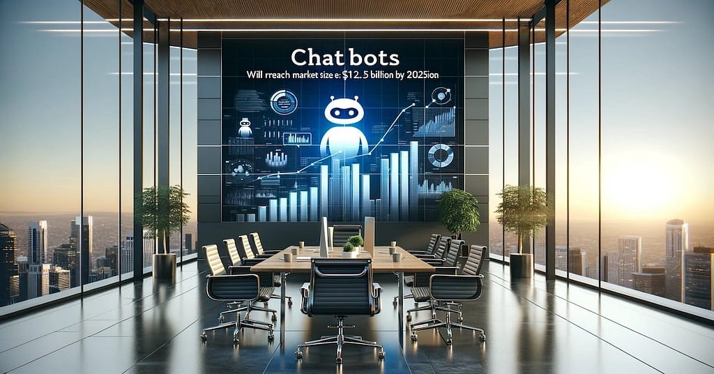 Modern office with a wall graphic showing the forecasted growth of chatbots to $12.5 billion by 2025, highlighting the rise of ethical AI chatbots