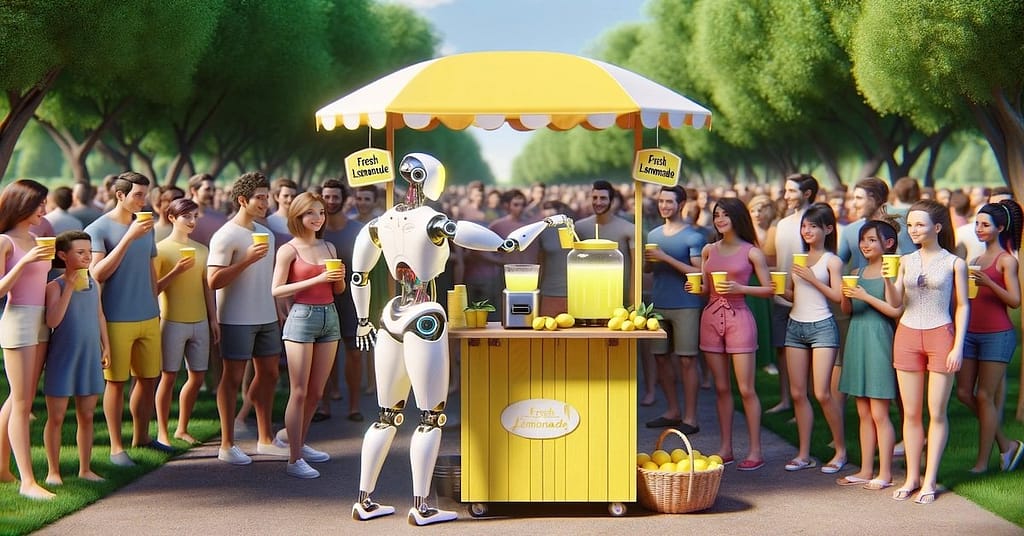 A humanoid robot efficiently serving a crowd of eager customers at a lemonade stand, representing The Power of HubSpot AI