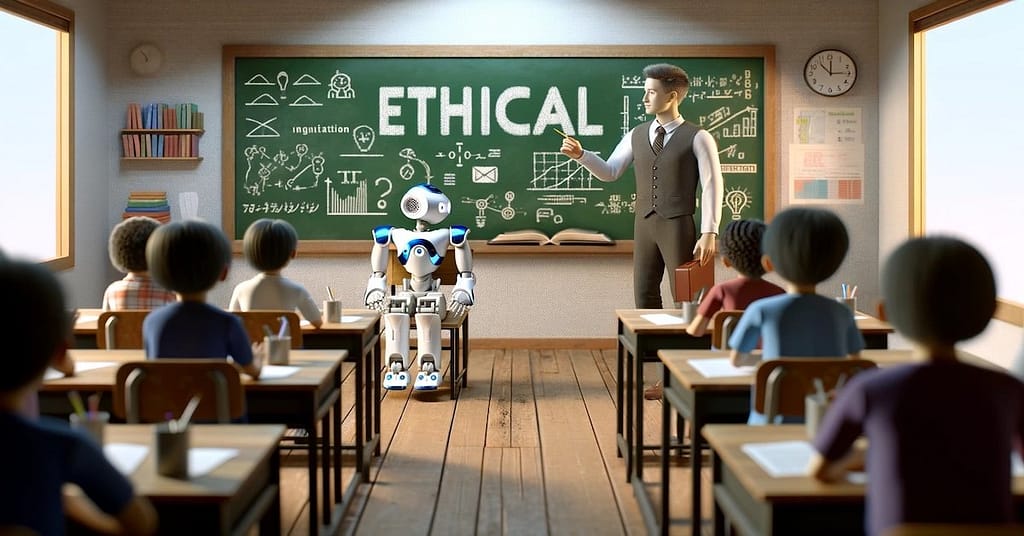 Humanoid robot and students in a classroom learning ethics, with 'ETHICAL' on the blackboard