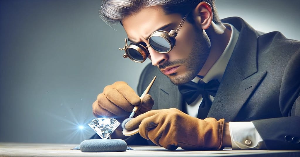 Metaphorical image of a man polishing a diamond, representing the meticulous process of enhancing a brand's value and appeal
