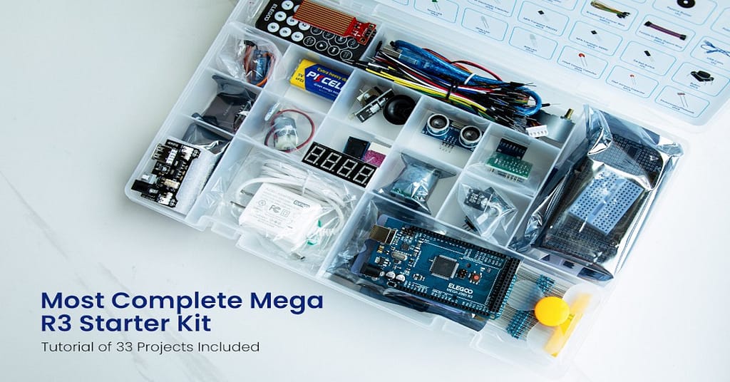 A box containing the ELEGOO MEGA R3 Starter Kit, an electronics components kit perfect for beginners.