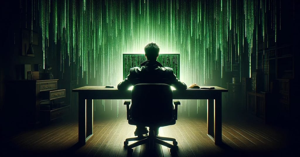 A highly detailed and realistic image capturing the essence of digital immersion, showing a man from behind, engrossed in the green cascading Matrix code
