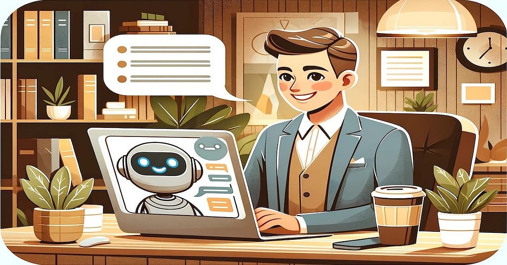 Digital illustration of a young professional using a laptop to interact with an engaging chatbot, which displays a friendly avatar on the screen