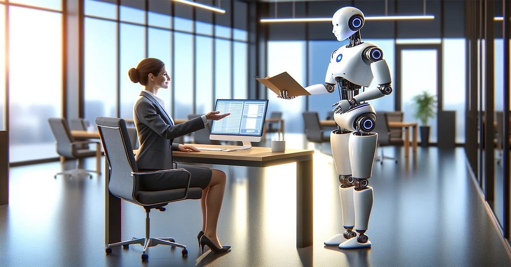 A humanoid robot, dressed as a professional assistant, handing over documents to a businesswoman in a modern office