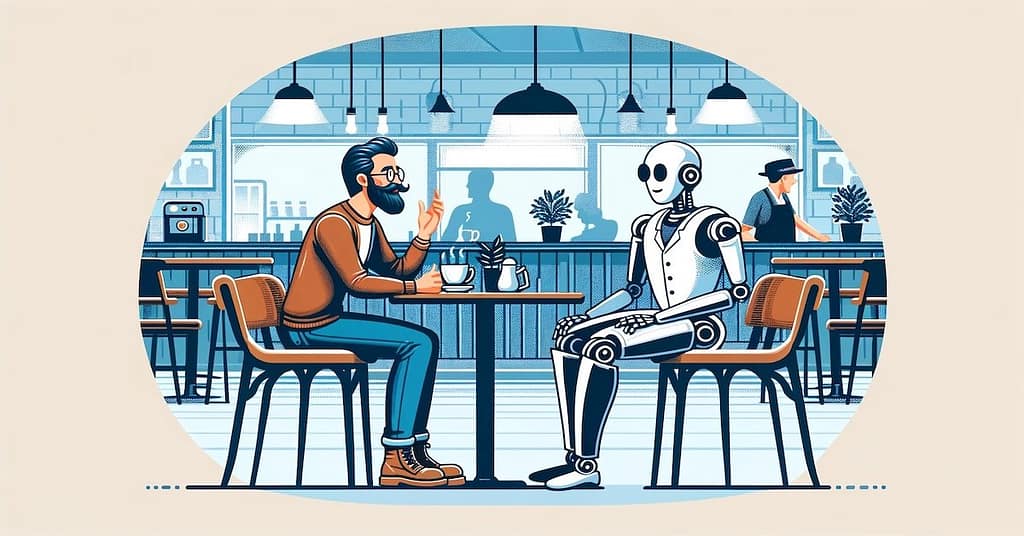 An imaginative digital illustration of a humanoid robot, seated at a restaurant table across from a human, as they engage in conversation