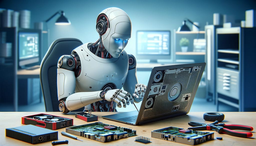 A humanoid robot in an IT workspace skillfully assembling a laptop computer, surrounded by various tech tools and components