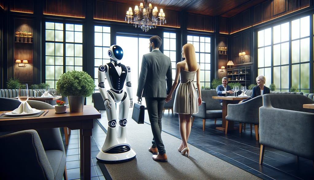 In a sophisticated restaurant setting, a well-dressed humanoid robot receptionist is depicted bowing gracefully to a couple entering the establishment