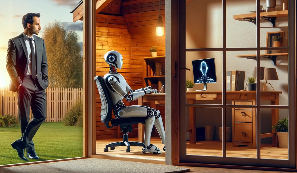 A businessman in a suit stands contemplatively inside his home, looking out a large window at a humanoid robot seated at a desk in the backyard, working on a computer