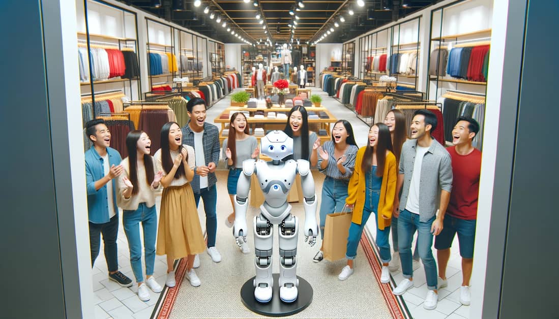 A lively mall clothing store scene where a humanoid robot is the center of attention, engaging with about ten enthusiastic customers