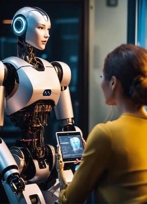 robot talking to a woman