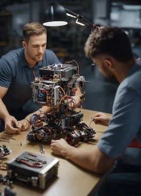 Two men focused on assembling a complex mechanical robot on a workshop table, with tools scattered around. One man is carefully observing while the other is hands-on, working on how to create a robot.