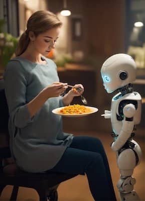 A woman enjoying her meal with a humanoid robot companion standing beside her. A metaphor for feeding Large Language Model