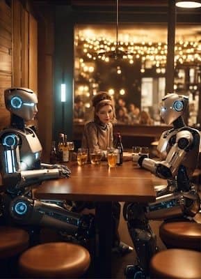 A woman sits at a dimly lit bar table, engrossed in conversation with two humanoid robots on either side of her, amidst a backdrop of hanging lights.