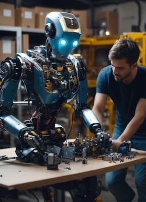 A technician in a workshop setting, working closely with a large, intricate robot