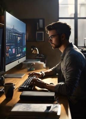 A focused young man with glasses working diligently on a computer
