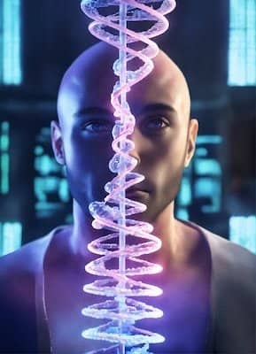 Illustration of a bald man peering from behind a vertical column of gene sequences, symbolizing the intersection of genetics and human curiosity
