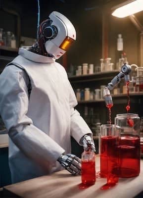 A humanoid robot in a white lab coat performing a laboratory experiment, precisely transferring a red liquid between containers using its robotic arm