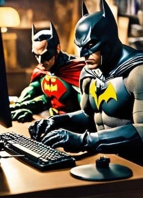 Batman and Robin seated at a computer desk, with Batman typing and Robin observing, working on a Large Language Model