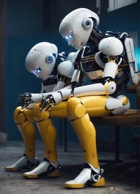 Two AIs, resembling humanoid robots, sit closely, appearing deep in thought as if they're having an existential crisis