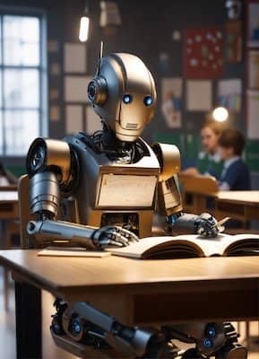 A robot with a humanoid face and headphones sitting at a desk, reading books with its metallic hands, with students studying in the background.