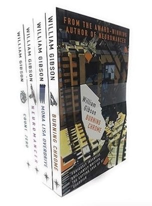 Cover of the William Gibson Neuromancer Collection 4 Books Bundle, published in 2017, showcasing the titles 'Neuromancer,' 'Count Zero,' 'Mona Lisa Overdrive,' and 'Burning Chrome' in paperback format