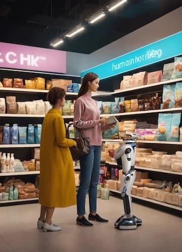 Two women using chatbots in a store, one in yellow and the other in pink