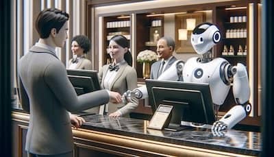 A humanoid robot dressed in hotel staff attire stands behind a reception desk, assisting a guest with check-in