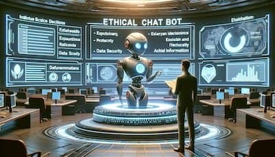 A hyper-realistic image showcasing a futuristic chatbot interface, developed by HubSpot, emphasizing ethical standards in AI