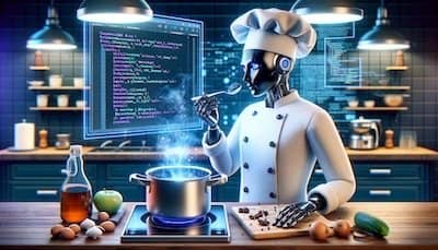 A hyper-realistic illustration for a blog post depicting the meticulous process of eliminating bias in AI chatbots. In a futuristic kitchen, a humanoid robot chef—dressed in a traditional white chef's outfit and hat—is 'tasting' digital data from a simmering pot on a high-tech stove