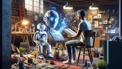 A hyper-realistic image illustrating a person and a futuristic robot in a vibrant creative workspace, collaboratively brainstorming on artistic projects