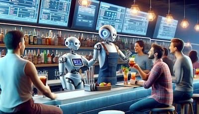 A humanoid robot bartender is skillfully preparing a drink for a cheerful customer at a modern bar