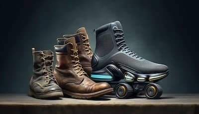 The image illustrates the transition from generic to specialized solutions in the world of chatbots. A pair of worn, bulky boots represent the outdated one-size-fits-all approach, standing next to modern, sleek sneakers that symbolize the new, tailored era of domain-specific chatbots