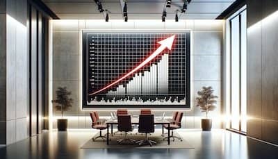 An office meeting room with a contemporary design, showcasing a large digital board on the wall with a bar graph and a bold red arrow soaring upwards, symbolizing the significant growth and upward trend in the use of Large Language Models (LLMs)