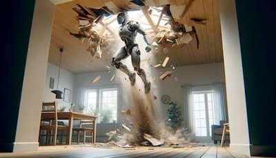 A dynamic image showing a humanoid robot blasting off from the wooden floor of a home's interior, creating a powerful updraft that shatters the ceiling and roof above
